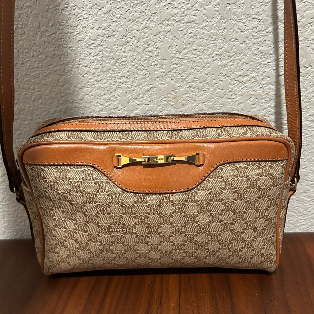 Celine Tan and Brown Monogram Canvas Shoulder Bag
